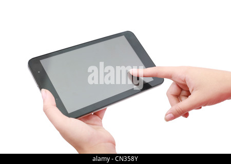 Woman hands holding and pointing on contemporary digital frame with blank screen. Stock Photo