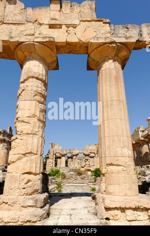 Cyrene. Libya. Partial view of the front of the Temple of Zeus with ancient Greek inscriptions on the architrave. Stock Photo