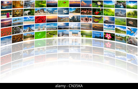 Abstract multimedia background composed of many images with reflection and copy-space at the bottom Stock Photo