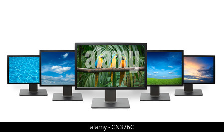 Group of flat screens HDTV TV with nature images on screen Stock Photo
