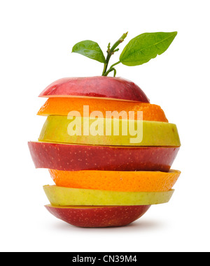 Apple and orange cut sections. Fruit isolated on white background Stock Photo