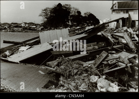 Rikuzentakata, Japan- 20th March 2011: Doll amongst debris in aftermath of the 2011 Tohoku Earthquake and Tsunami Stock Photo