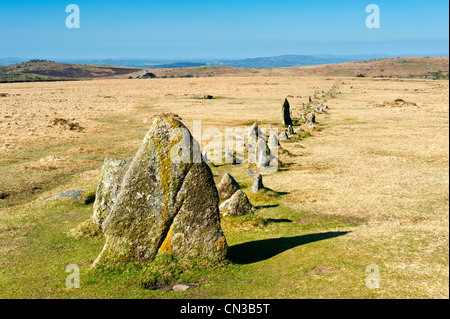 Merrivale is and area on Dartmor National Park where there are a number of prehistoric monuments, stone rows cists, circle etc. Stock Photo