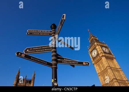 England, London, Palace of Westminster, Sign Post and Big Ben Stock Photo