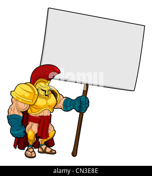 Cartoon illustration of a tough looking Spartan or Trojan soldier holding a sign board Stock Photo