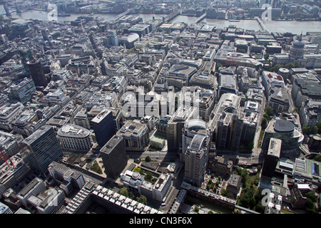 Aerial view with the A1211 London Wall road across the bottom of the picture, looking south towards the Thames, London Stock Photo