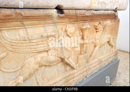 Close up view at the sculpture museum of the crafted detail found on a marble sarcophagus either from the Greek or Roman period Stock Photo