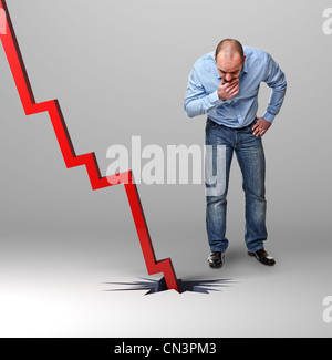 Businessman looking down at the falling red arrow destroying concrete ...