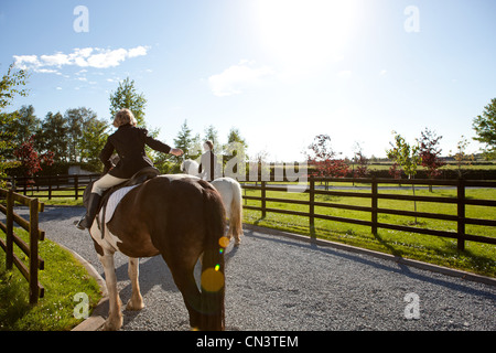 Boys riding horses in sunlight Stock Photo