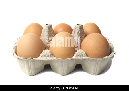 Six eggs in container isolated on white background Stock Photo