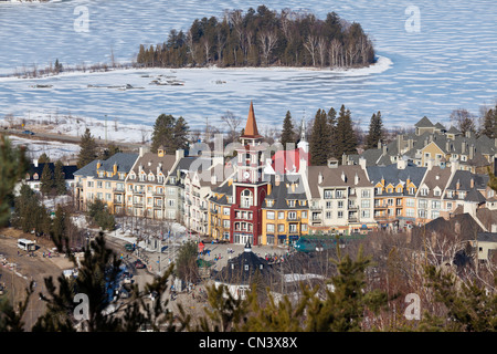 Canada, Quebec province, Laurentians region, Mont Tremblant, ski resort, the village and Tremblant lake frozen in winter Stock Photo