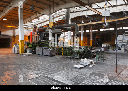 Aluminum metallurgical plant with machine for the production of aluminum ingots. Non-ferrous Russian metallurgy. Nobody Stock Photo