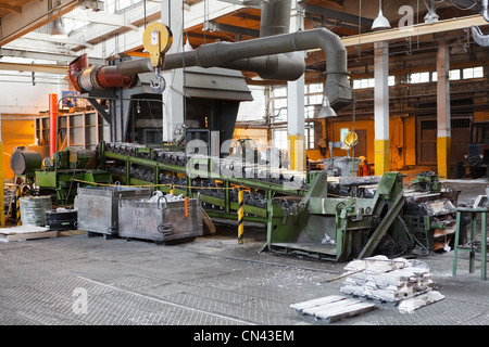 Aluminum metallurgical factory with machine for the production of aluminum ingots. Non-ferrous Russian metallurgy. Stock Photo