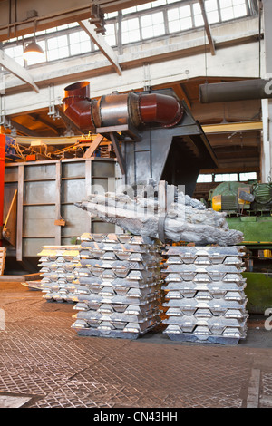 Aluminum bricks on non-ferrous metallurgical plant. Russian metallurgy factory. Vertical Stock Photo