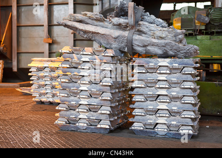 Aluminum bricks on non-ferrous metallurgical plant. Russian metallurgy factory. Stock Photo