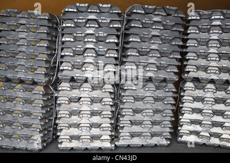 Aluminum bricks on non-ferrous metallurgical plant. Russian metallurgy factory. Close up Stock Photo