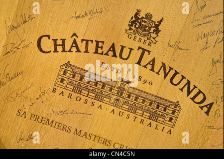 Australia, South Australia, Barrossa valley, Château Tanunda winery, barrel signed by the most famous criquet players during Stock Photo