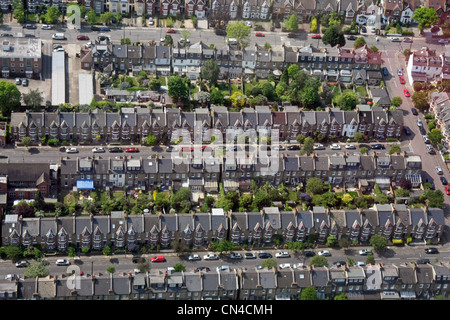 aerial view of tightly packed terraced urban housing in London SW19 Stock Photo