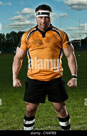 Rugby player on pitch, portrait Stock Photo