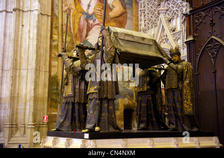 Spain, Andalusia, Seville, the Cathedral listed as World Heritage by UNESCO, Mausoleo de Colon (tomb of Christopher Colombus)
