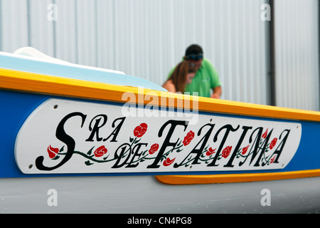 Detail of the name of a whaling canoe. Azores islands, Portugal. Stock Photo