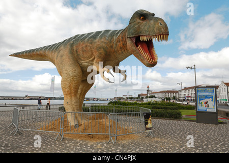 Menacing Tyrannosaurus Rex dinosaur in the portuguese city of Ponta Delgada. Azores islands Stock Photo