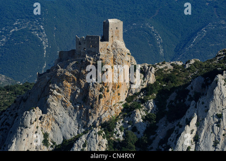 France, Aude, Cathar castle of Queribus (aerial view) Stock Photo