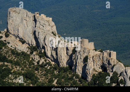 France, Aude, Peyrepertuse, the ruins of Cathar castle built in XIIth century (aerial view) Stock Photo