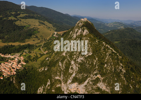 France, Ariege, Pays d' Olmes, Cathar Castle of Montsegur perched on a rock and the Pyrenees (aerial view) Stock Photo
