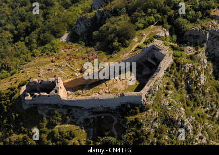 France, Ariege, Pays d' Olmes, Cathar Castle of Montsegur perched on a rock (aerial view) Stock Photo