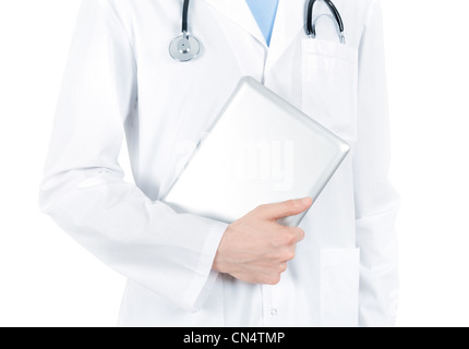Doctor in white coat with stethoscope holding digital tablet pc. Isolated on white. Stock Photo