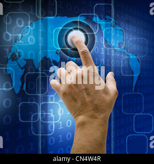 hand pushing a button on a touch screen interface Stock Photo