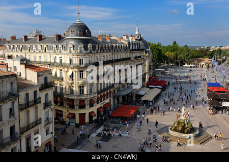 France, Herault, Montpellier, Place de la Comedie, Fontaine des Trois Graces (Fountain of Three Graces) Stock Photo