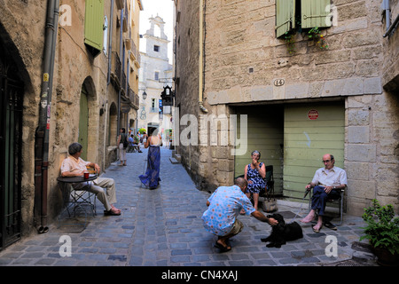 France, Herault, Pezenas, old city, Triperie Vieille street leading to the Place Gambetta Stock Photo