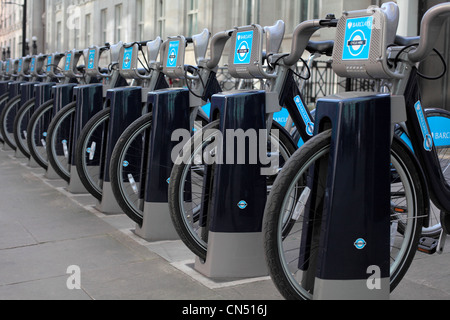 Blue bikes in central London sponsored by Barclays bank and introduced by Mayor Boris Johnson Stock Photo