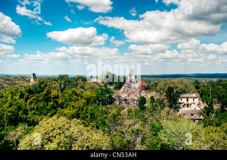 View from atop Tikal's Temple V looking north toward the Central Acropolis. Stock Photo