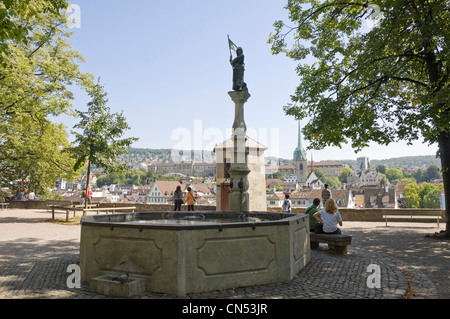 Horizontal wide angle view from Lindenhof hill with Predigerkirche, Preachers Church spire prominent on the skyline. Stock Photo