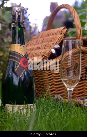 Vertical close up of a champagne bottle, flute glass and wicker picnic hamper outside in a garden. Stock Photo