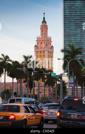 Traffic and Freedom Tower, MIami, Florida, USA Stock Photo