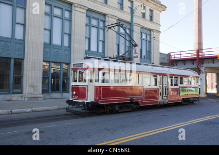 Vintage red and white Riverfront Loop Trolley car in Memphis, Tennessee Stock Photo