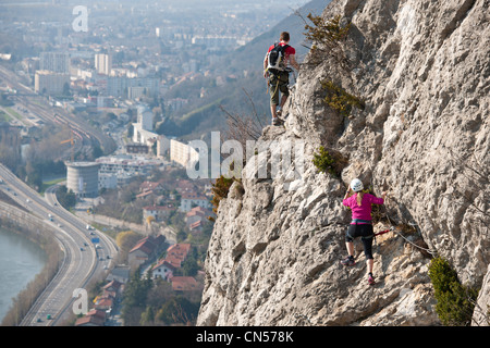 France, Isere, Grenoble, the urban via ferrata Les prises de la Bastille Stock Photo