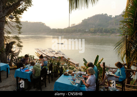 Laos, Luang Prabang Province, Luang Prabang City, restaurant with view on Mekong river, painters of watercolor