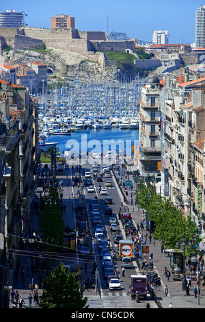 France, Bouches du Rhone, Marseille, 1st district, La Canebiere, Vieux Port and Fort St Nicolas in the background Stock Photo