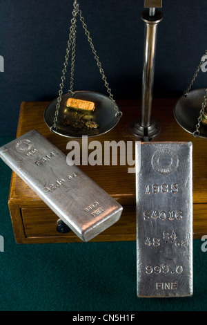 Homestake Mining Company Silver Bullion Bars - Antique Balance Scale Weighing Actual Gold Nuggets and Gold Bar Stock Photo