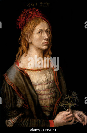 Albrecht DURER 1471-1528 self portrait as young man holding plant eryngium thistle perhaps fidelity symbol German Germany Stock Photo