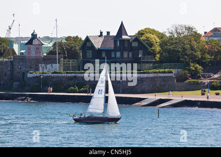 Wooden sailboat in the bay at Marstrand village on the west coat of Sweden Stock Photo