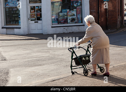 Old woman shopping pushing a trolley in a supermarket. Fruit and Stock ...