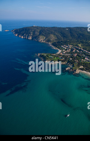 France, Var, Presqu'ile de St Tropez, Ramatuelle, Pampelonne beaches, Bonne Terrasse and Cap Camarat (aerial view) Stock Photo