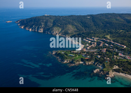 France, Var, Presqu'ile de St Tropez, Ramatuelle, Pampelonne beaches, Bonne Terrasse and Cap Camarat (aerial view) Stock Photo