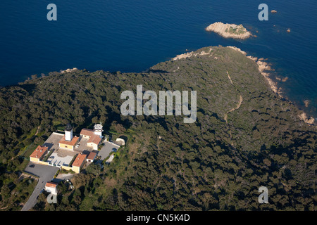 France, Var, St Tropez, Pampelonne beaches, Cap Camarat lighthouse (aerial view) Stock Photo